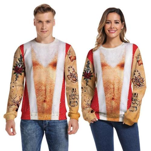 Mens Pullover Sweatshirt 3D Printed Christmas Ugly Chest Hair Pattern Long Sleeve Shirts