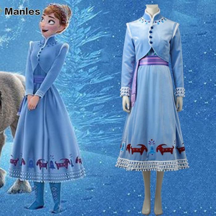 Olaf'S Adventure Snow Queen Anna Cosplay Costumes Sky Blue Party Dress Coat Outfit Halloween Party Women Festival Dress