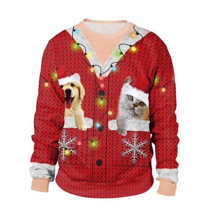 Mens Red Pullover Sweatshirt 3D Graphic Printing Christmas Dog Cat Pattern