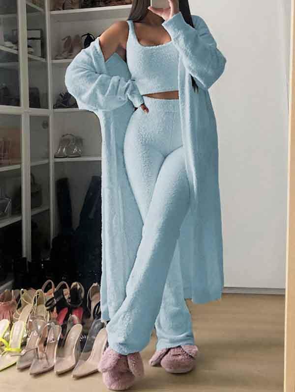Womens Sexy Fuzzy Crop Top Pants Set Loungewear 3 Piece Outfit