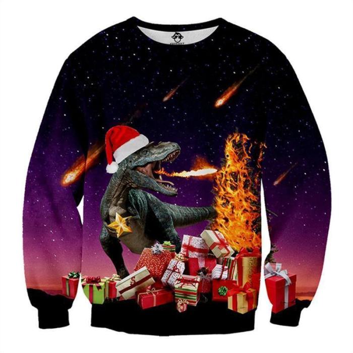 Mens Pullover Sweatshirt 3D Printed Christmas Ugly Dinosaur Long Sleeve Shirts