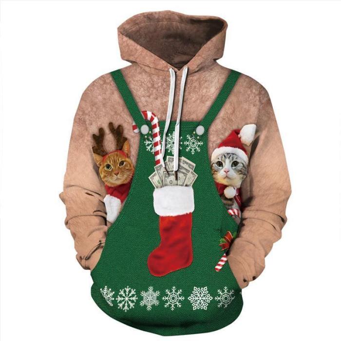 Mens Hoodies 3D Graphic Printed Ugly Christmas Cat Dog Apron Decoration Pullover