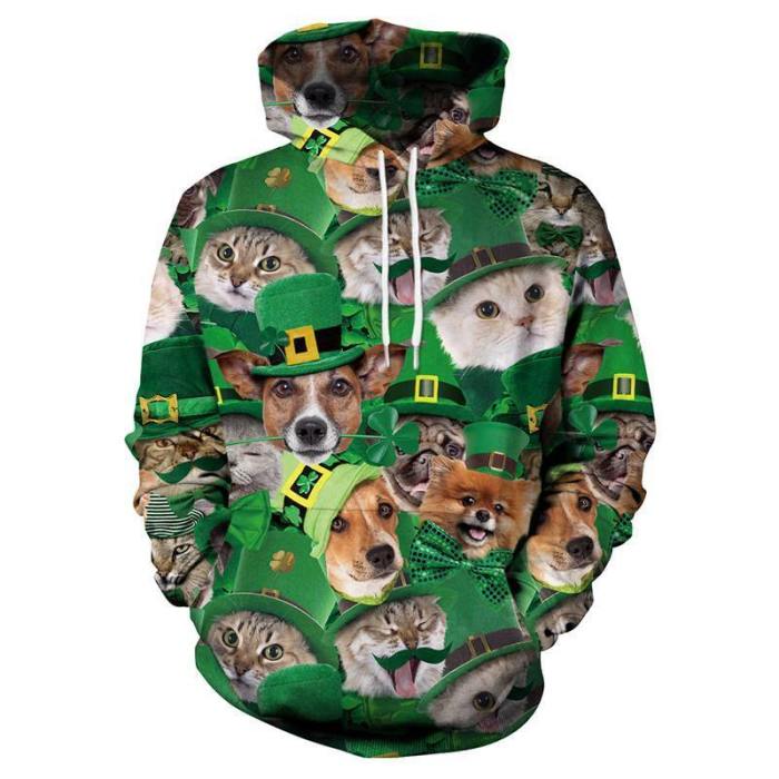 St.Patrick'S Day 3D Cat Irish Hoodie Pullover Sweatshirt