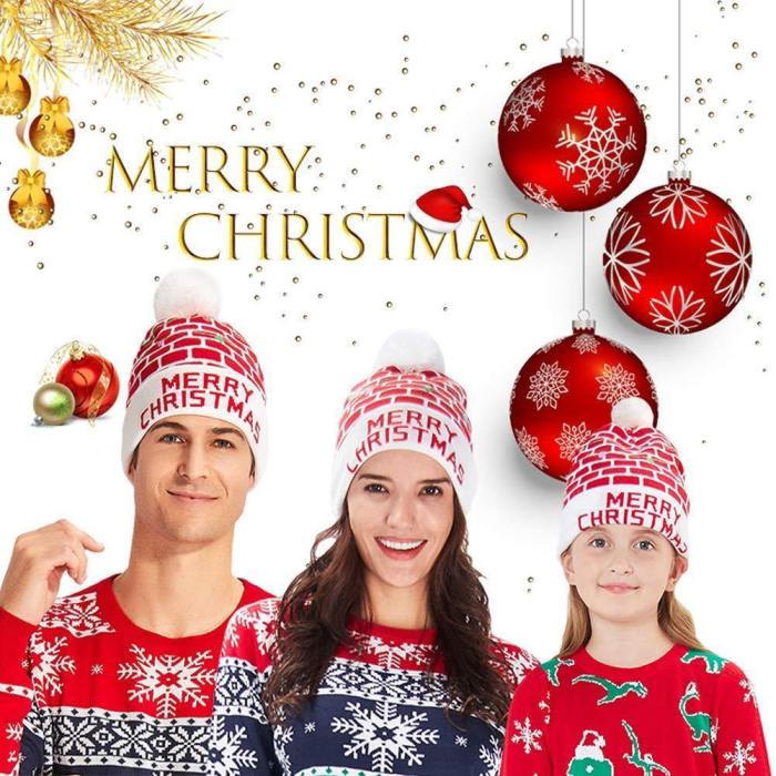 For Men Women Merry Christmas Printed Red Sweater Knit Hat Carnival Beanie Hats