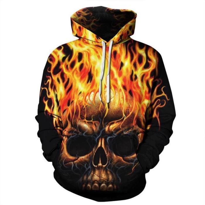 Mens Hoodies 3D Printed Fire Skull Pattern Printing Halloween Hoodies