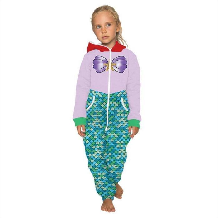 Children'S Jumpsuit Colorful Fish Scale Printing Kids Rompers Nightwear Homewear Zipper Clothing