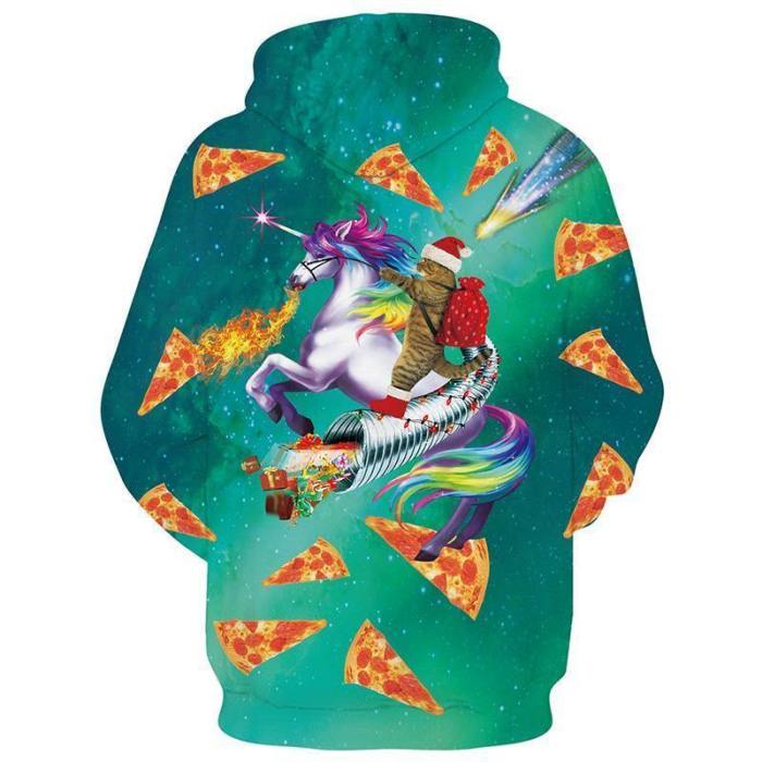Mens Green Hoodies Cat Riding Horse 3D Graphic Printing Sweatshirt
