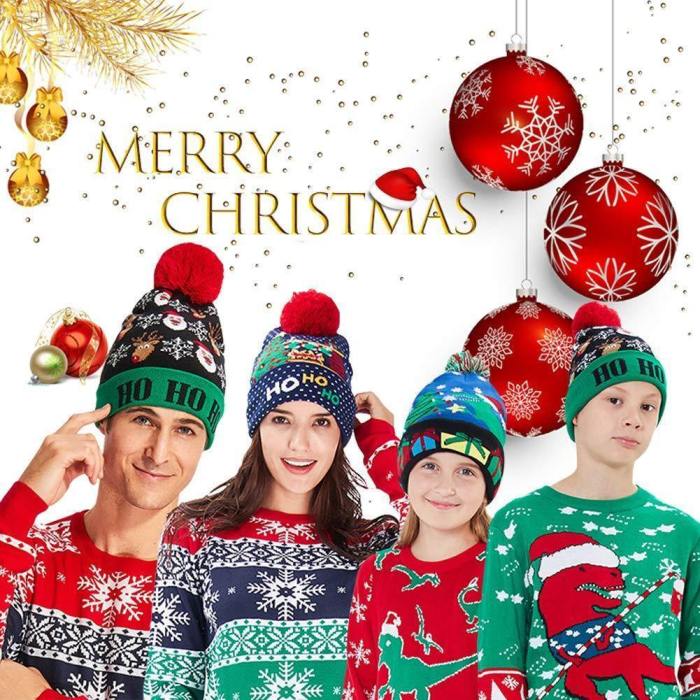 Womens Mens Flashing Light Up Knitted Hat Snowman Printed Christmas Beanie Hats Holiday Cap