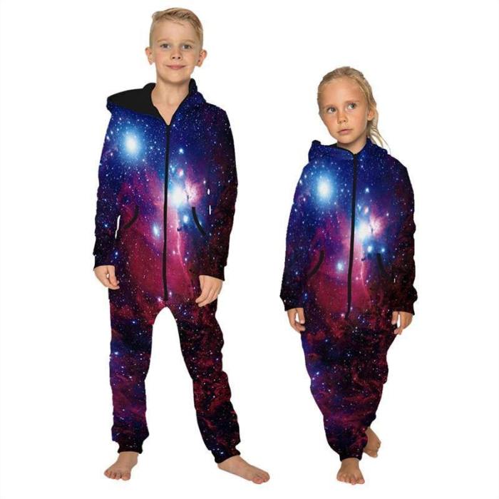 Children'S Jumpsuit Galaxy Starry Printing Kids Rompers Nightwear Homewear Zipper Clothing