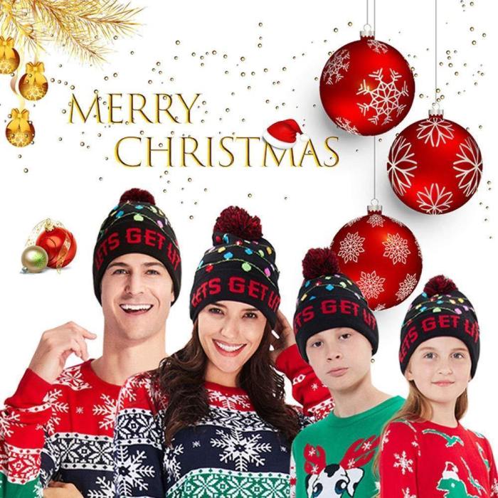 Led Light-Up Knitted Ugly Sweater Holiday Hat Lets Get Lit Xmas Christmas Beanies For Party