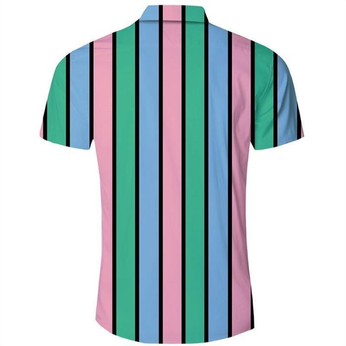 Men'S Hawaiian Short Sleeve Shirts Green Pink Stripes Printing