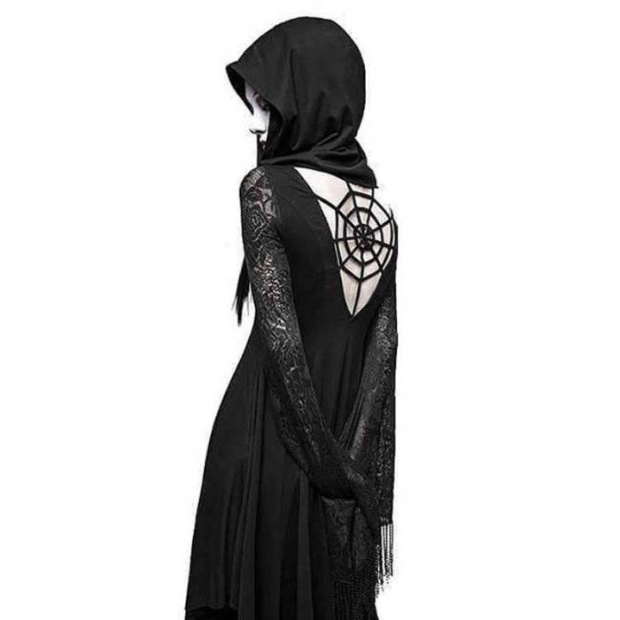 Women Gothic Ghost Black Dresses Vintage Lace Up Backless Hooded Dress Halloween Cosplay Costume