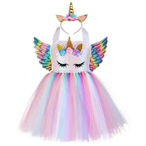 Girls Unicorn Tutu Dress With Gold Headband Wings Princess Halloween Party Dress