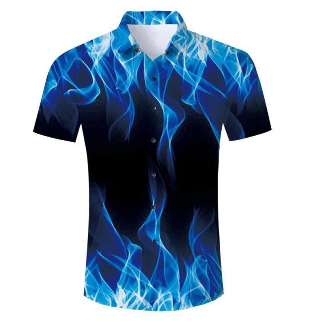 Mens 3D Printing Shirts Blue Fire Pattern