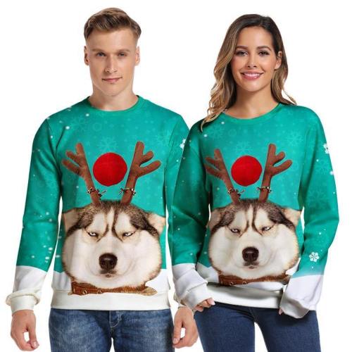 Mens Pullover Sweatshirt 3D Printed Christmas Dog Face Green Long Sleeve Shirts