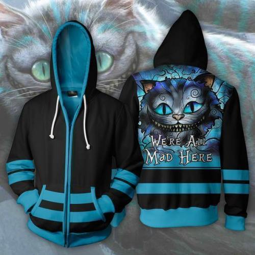 Alice In Wonderland Cat Zipper Hoodie Hooded 3D Print Unisex Fashion Pullover Sweatshirt Sportswear Streetwear Cosplay Costumes