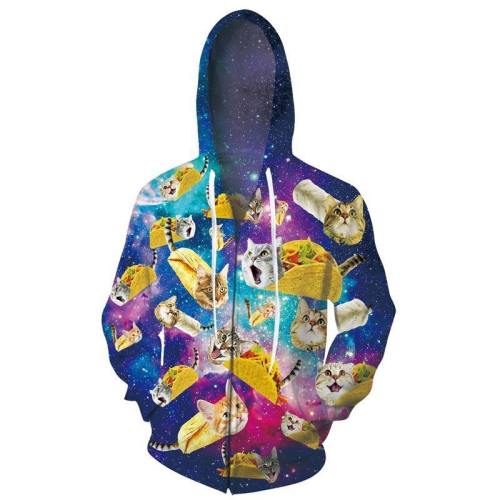 Mens Zip Up Hoodies 3D Printed Taco Pizza Cat Printing Hooded