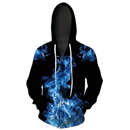 Mens Zip Up Hoodies 3D Printed Blue Smoke Printing Pattern Hooded
