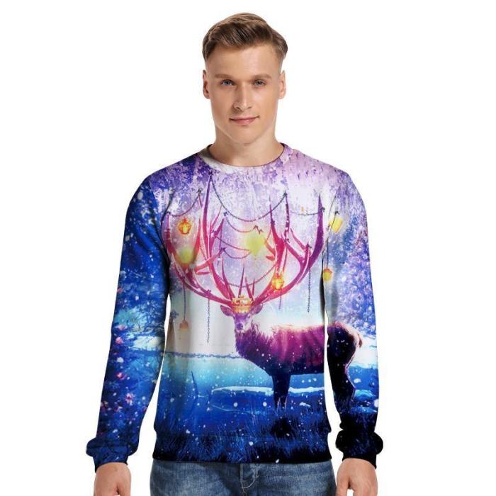 Mens Pullover Sweatshirt 3D Printed Christmas Dreamlike Deer Long Sleeve Shirts