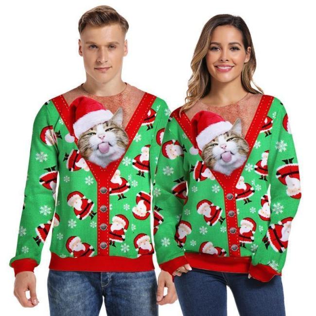 Mens Pullover Sweatshirt 3D Printed Christmas Cute Cat Long Sleeve Shirts