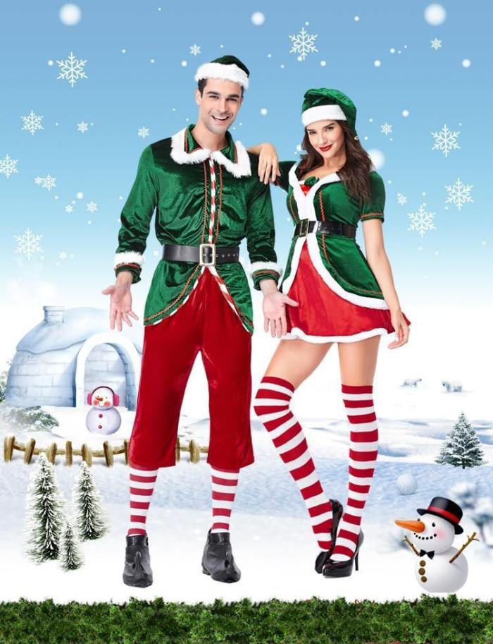 Velvet Lovers Green Spirit Of Christmas Elves Costumes For Woman And Man Christmas Party Cosplay