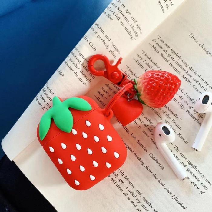 3D Bold Red Strawberry Apple Airpods Protective Case Cover With Keychain