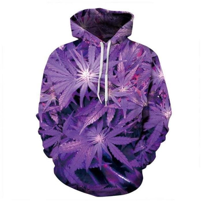 3D Print Hoodie - Purple Weed Leaf Print Pullover Hoodie