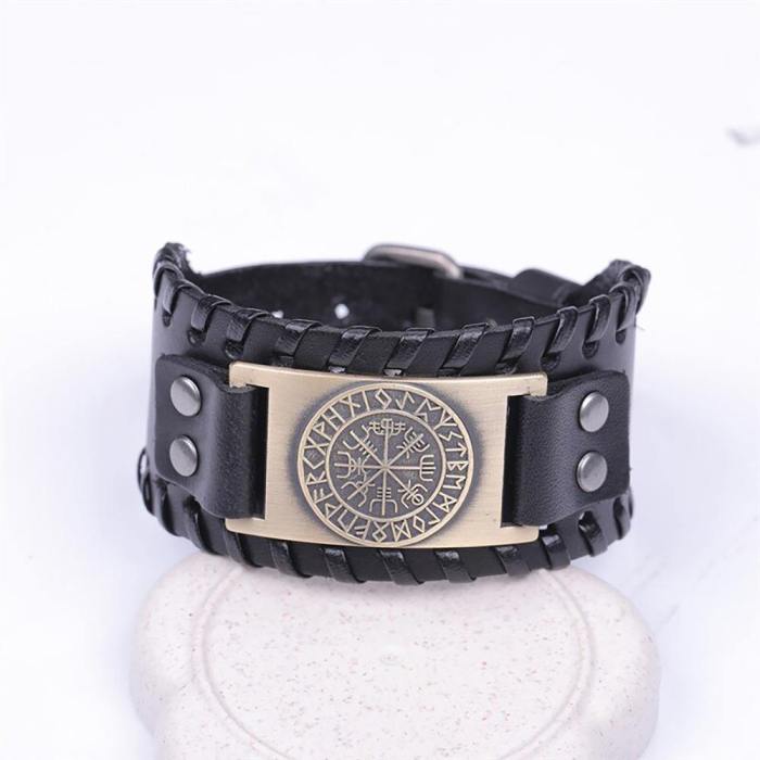 Ancient Viking Compass Leather Wristband Bracelet