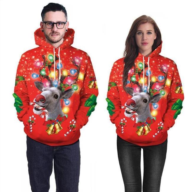 Mens Red Hoodies 3D Graphic Printed Merry Christmas Deer Pullover