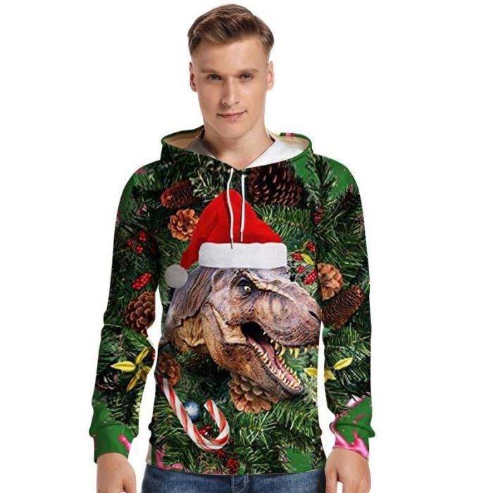 Mens Hoodies 3D Graphic Printed Ugly Christmas Dinosaur Pullover