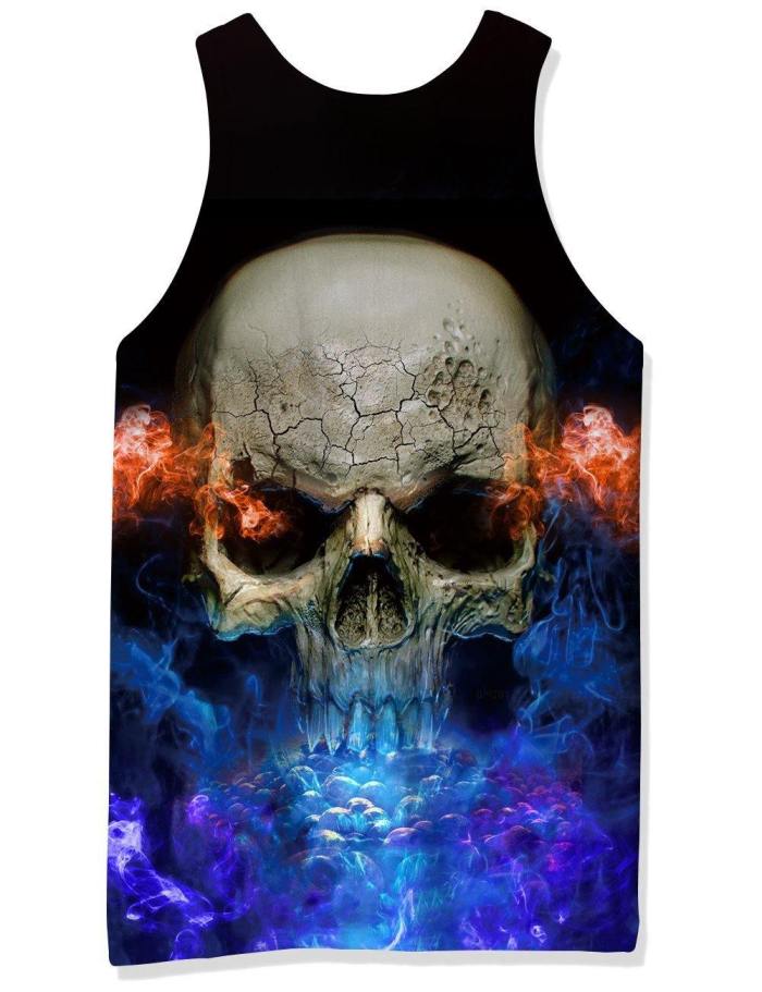Mens Tank Tops 3D Printing Fire Skull Printed Vest