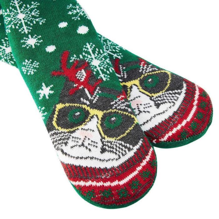 Womens Green Sock Super Soft Cute Cartoon Snowman Fuzzy Cozy Non-Slip Winter Slipper Socks Funny Cat