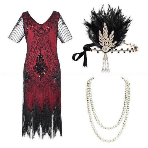 Womens S Plus Size Great Gatsby Flapper Sequin Beads Dress With Roaring 20S  Accessories Set For Party