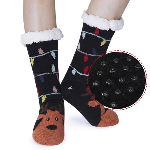 Women'S Fleece Lining Fuzzy Soft Christmas Knee Highs Stockings Slipper Black Socks Elk