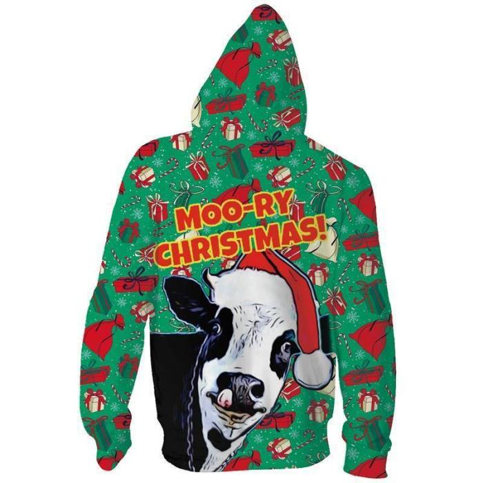 Mens Zip Up Hoodies Christmas Cow 3D Graphic Printing Hoody