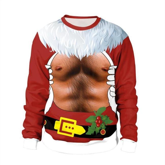 Mens Red Pullover Sweatshirt 3D Graphic Printing Christmas Muscle Pattern
