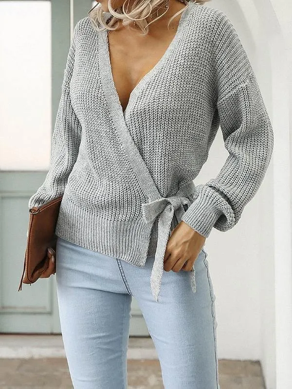 Solid V Neck Wrap Sweater With Tie Side