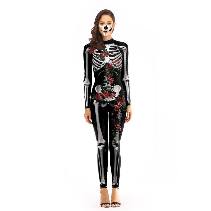 Halloween Party Jumpsuit Costume Skull And Rose Dress