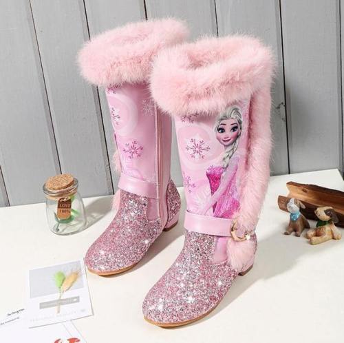 Princess Elsa Kids Girls Winter Pink Blue Wool Leather Boots Shoes
