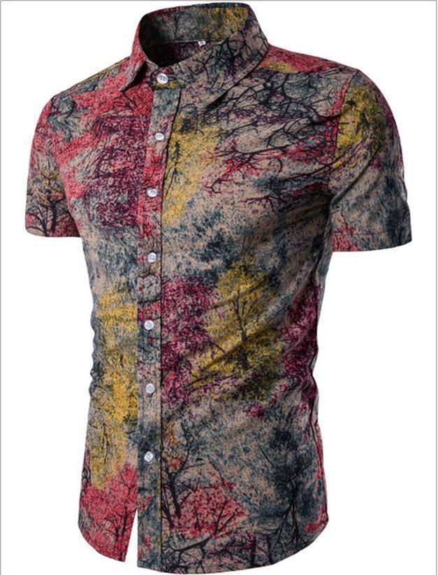 New Summer Men'S Slim Casual Linen Printing Flower Short Sleeve Shirts