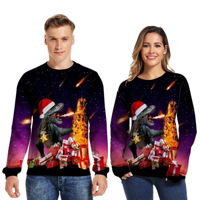 Mens Pullover Sweatshirt 3D Printed Christmas Ugly Dinosaur Long Sleeve Shirts