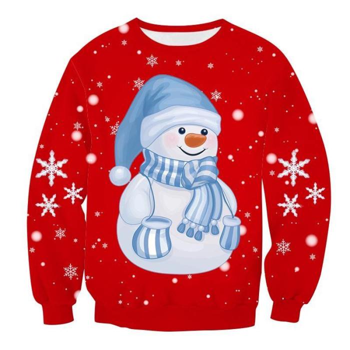 Mens Pullover Sweatshirt 3D Printed Christmas Snowman Pattern Long Sleeve Shirts