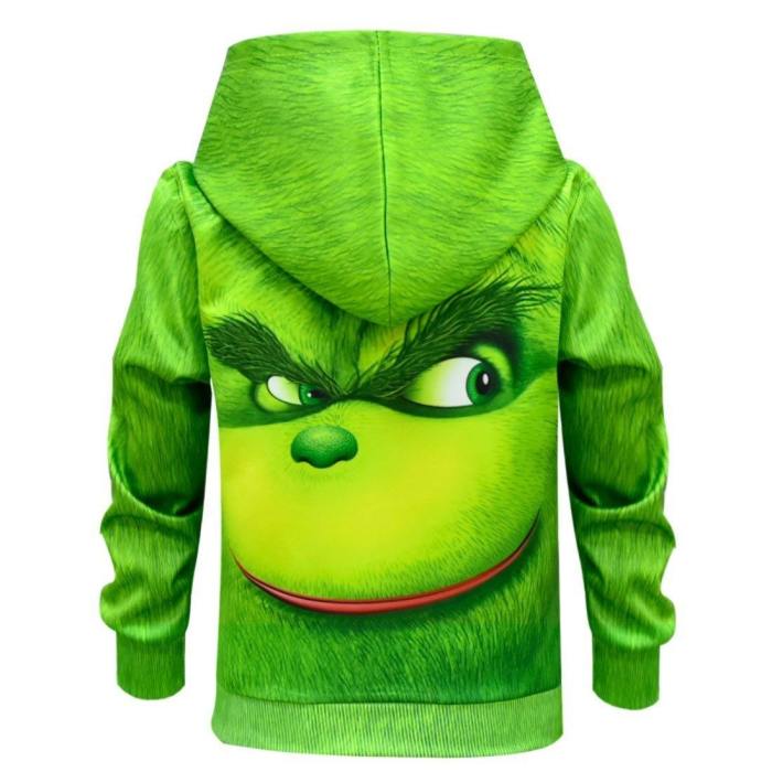 Grinch Zip Up Hoodie Green 3D Outwear Christmas Long Sleeve Top Kids Hoody