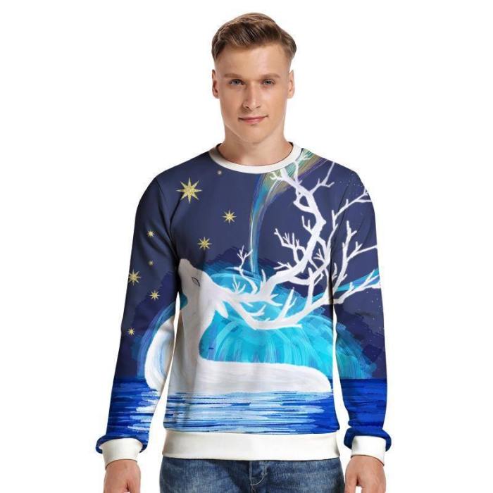 Mens Pullover Sweatshirt 3D Printed Christmas Elk Pattern Long Sleeve Shirts
