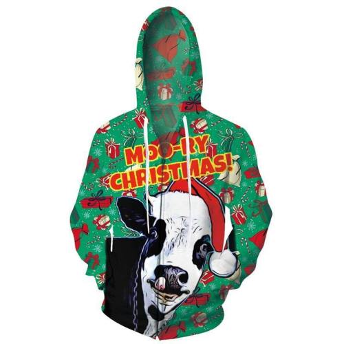 Mens Zip Up Hoodies Christmas Cow 3D Graphic Printing Hoody