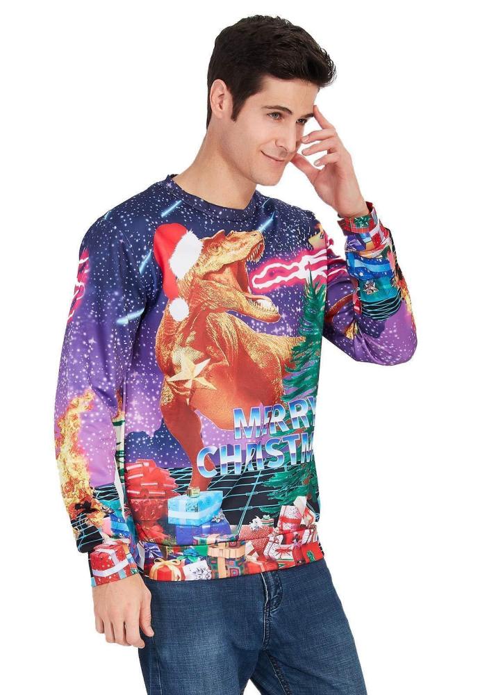 Mens Pullover Sweatshirt 3D Printing Christmas Dinosaur Pattern