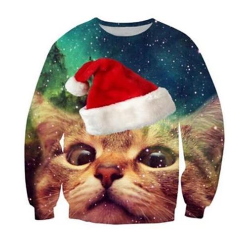 Cute Christmas Cat Sweater Shirt X-Mas Party Pullover Sweatshirt