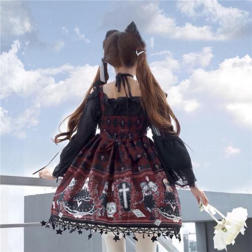Lolita Costume Gothic Jsk Ruffle Cross Decora Retro Strap Tulle Dress