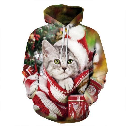 3D Print Hoodie - Cute Christmas Cat Pattern Pullover Hoodie  Css040