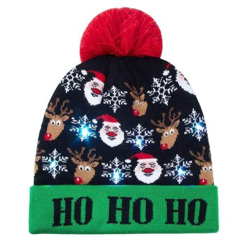 Warm Christmas Hats Knitted Cap Ho Ho Ho Printed Led Light Up Beanie For Xmas Party Gifts